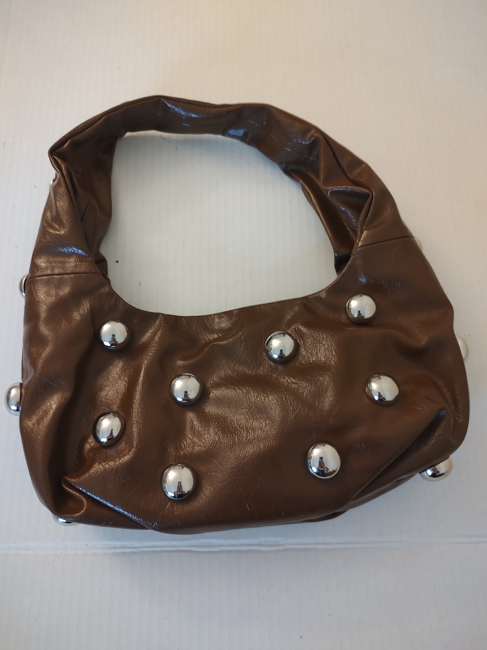 Zara Viral Brown Studded Hobo Shoulder Bag Large Silver Dome Embellished Slouchy